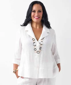Swish V-Neck Collared Crinkle Linen Cotton Jacket - White