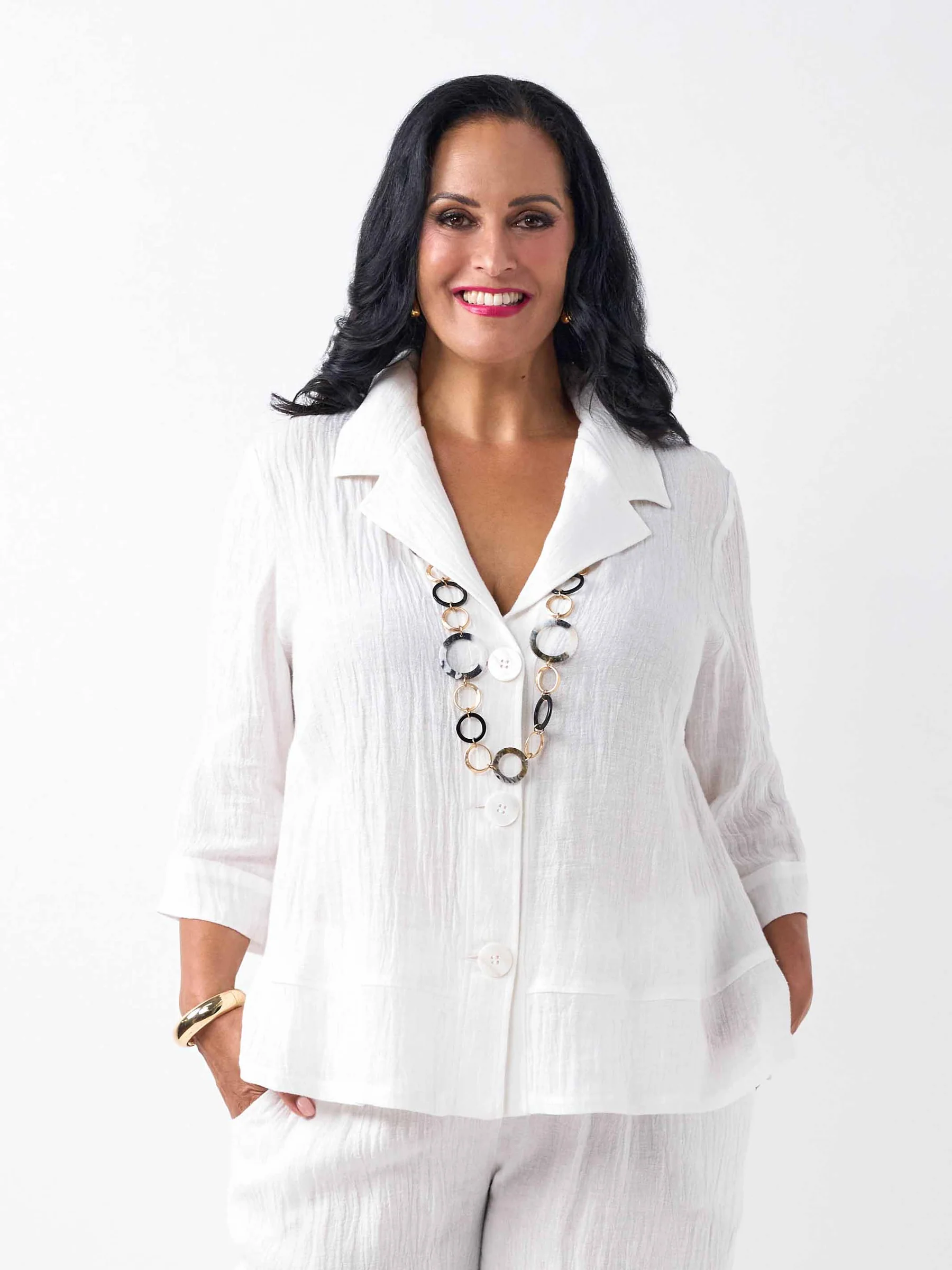 Swish V-Neck Collared Crinkle Linen Cotton Jacket - White