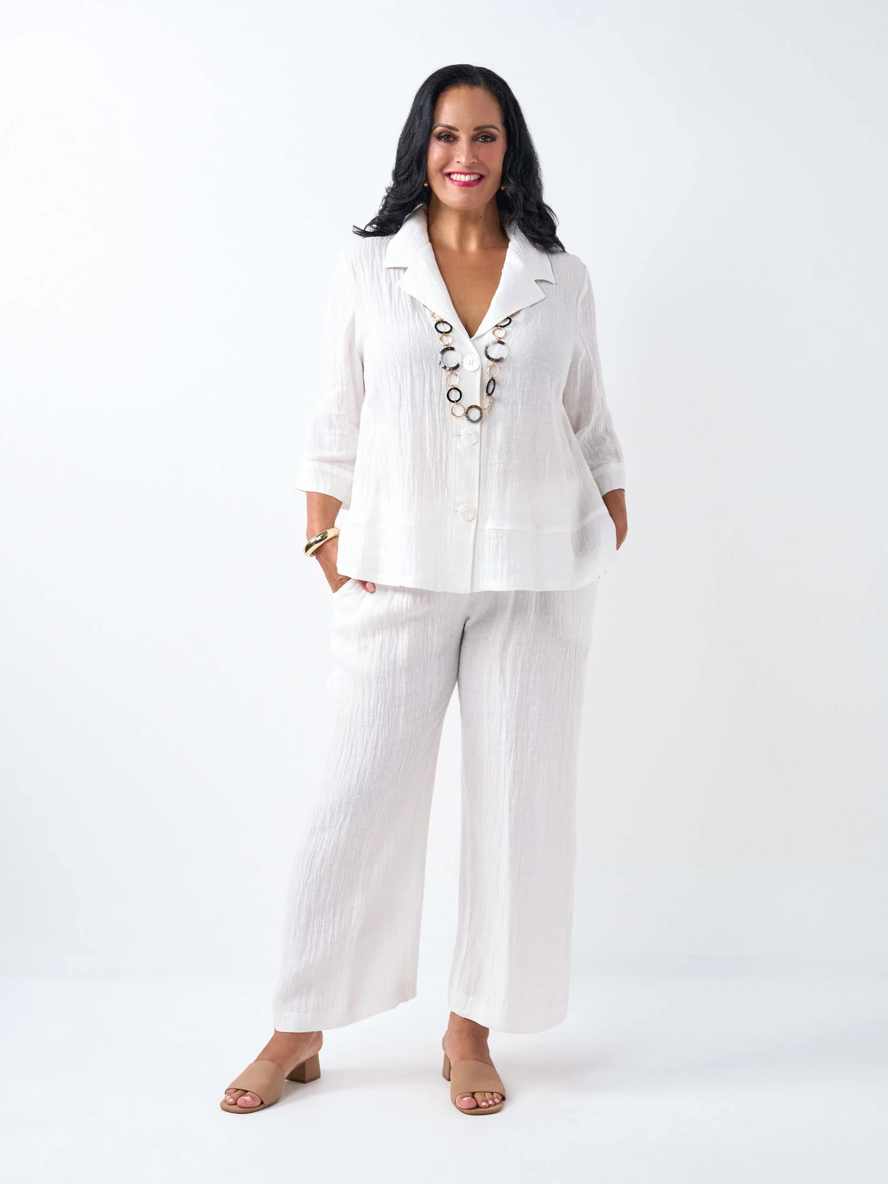 Swish V-Neck Collared Crinkle Linen Cotton Jacket - White - Image 2