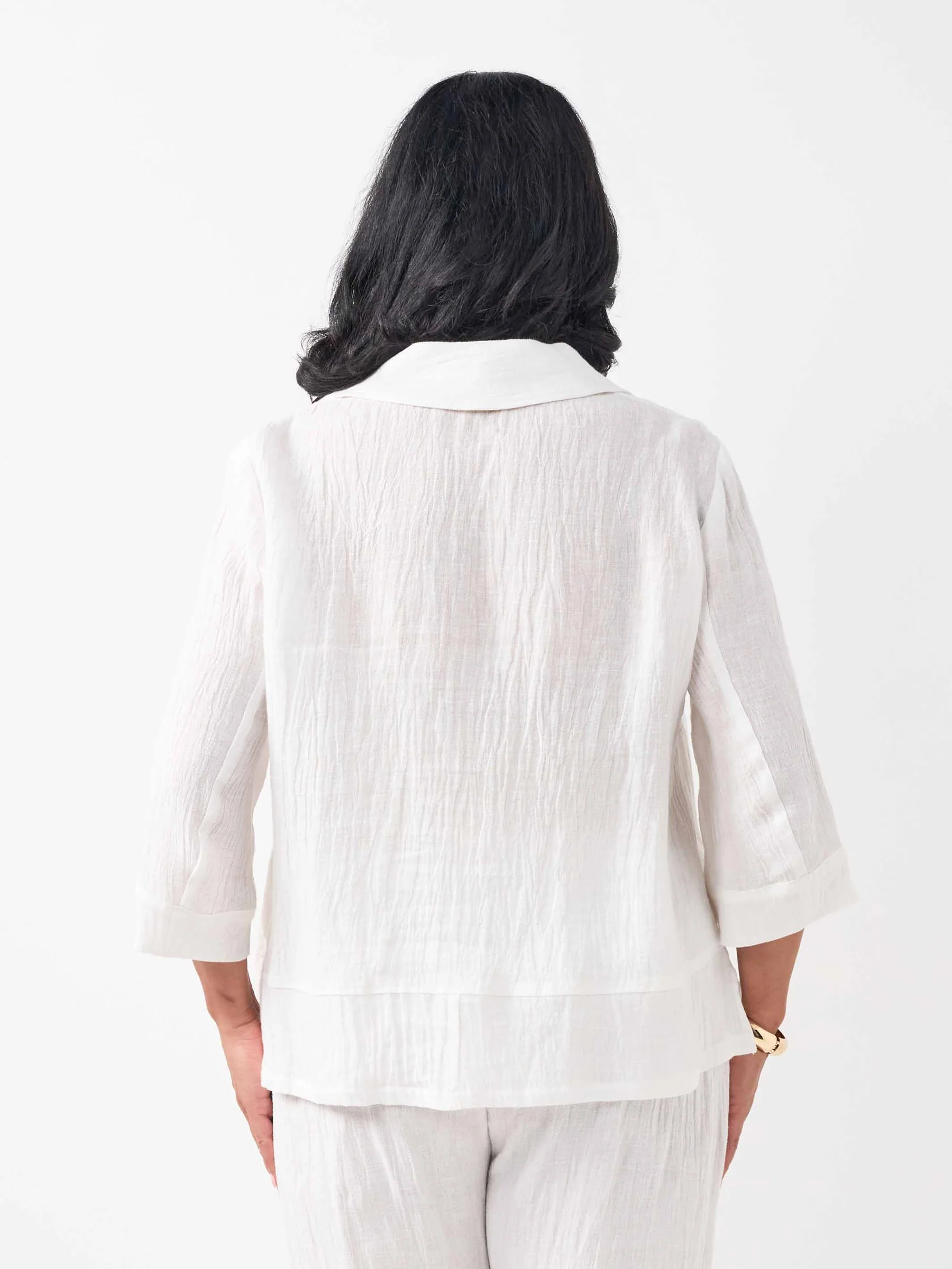 Swish V-Neck Collared Crinkle Linen Cotton Jacket - White - Image 3