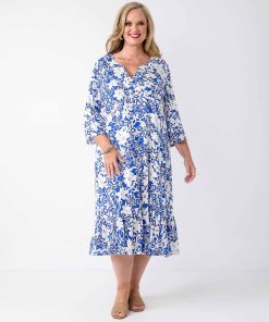 Swish Frill Hem Printed Midi Dress - Blue Paradise