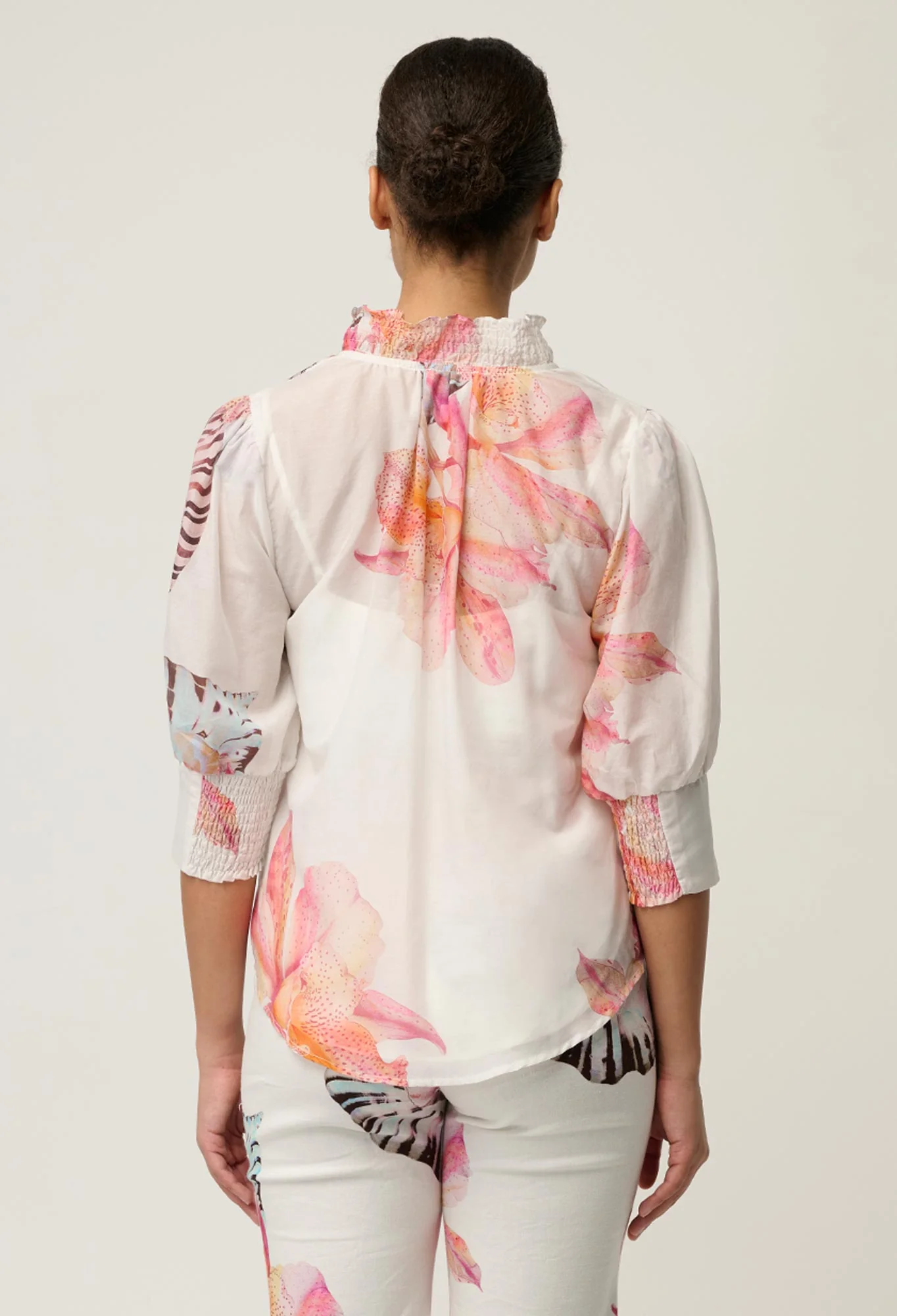 Once Was Oleander Cotton Silk Shirred Blouse - Nautilus Bloom - Image 3