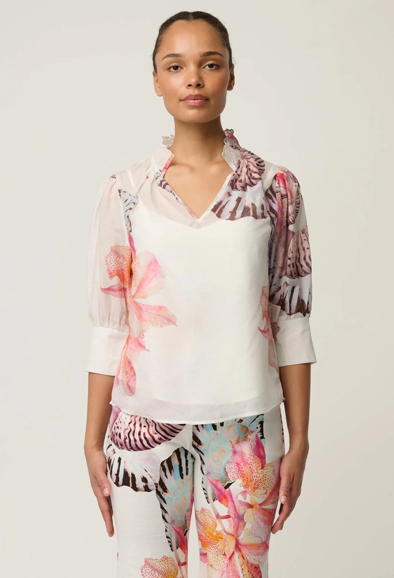 Once Was Oleander Cotton Silk Shirred Blouse - Nautilus Bloom - Image 2