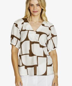 Ping Pong Mira Bubble Sleeve Top -Hot Stone Print