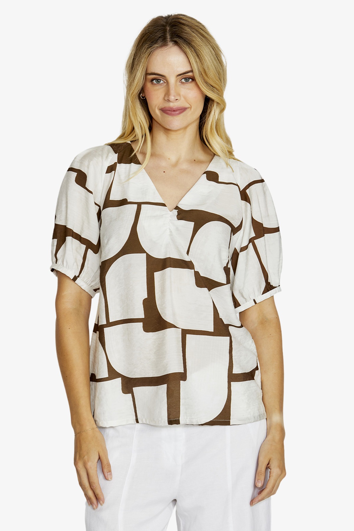 Ping Pong Mira Bubble Sleeve Top -Hot Stone Print