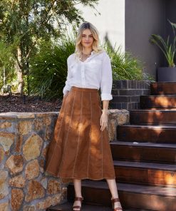 Ping Pong Rita Contrast Stitch Panel Skirt -Coffee/White