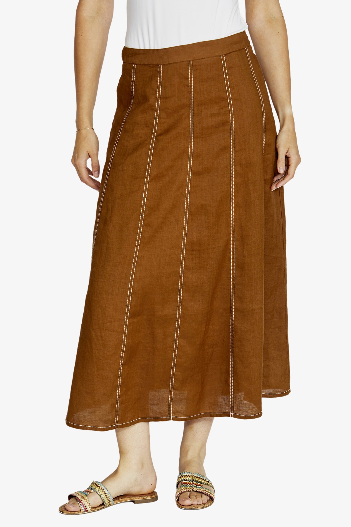 Ping Pong Rita Contrast Stitch Panel Skirt -Coffee/White - Image 4