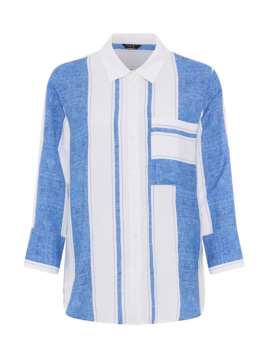 Marco Polo Sunday Stripe Linen Blend Shirt - Denim Stripe - Image 3
