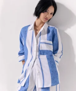Marco Polo Sunday Stripe Linen Blend Shirt - Denim Stripe