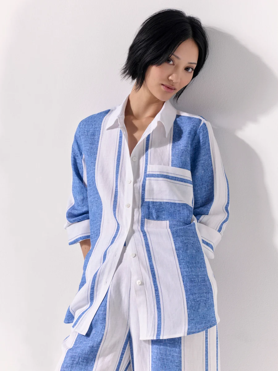 Marco Polo Sunday Stripe Linen Blend Shirt - Denim Stripe